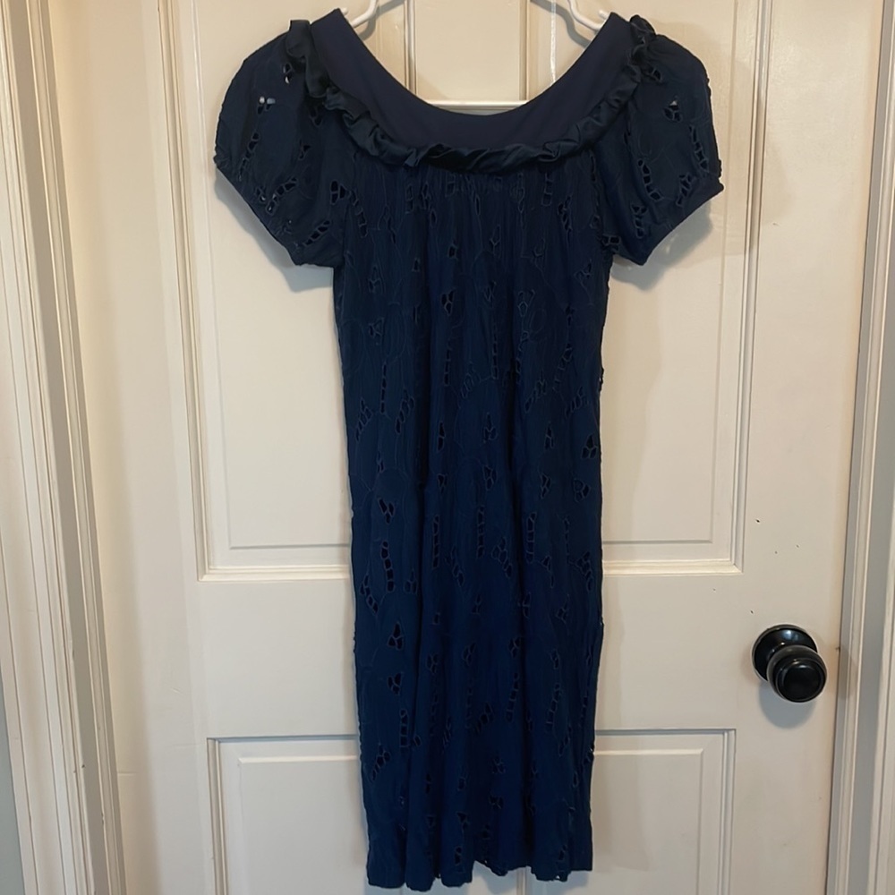 LU LU LAME Made in the USA Eyelet Lace with Silk trim and cap sleeves. blue SzXS - Picture 4 of 12